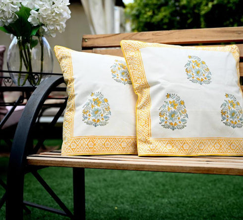 Yellow Buta Print Cotton Cushion Covers (CU03)